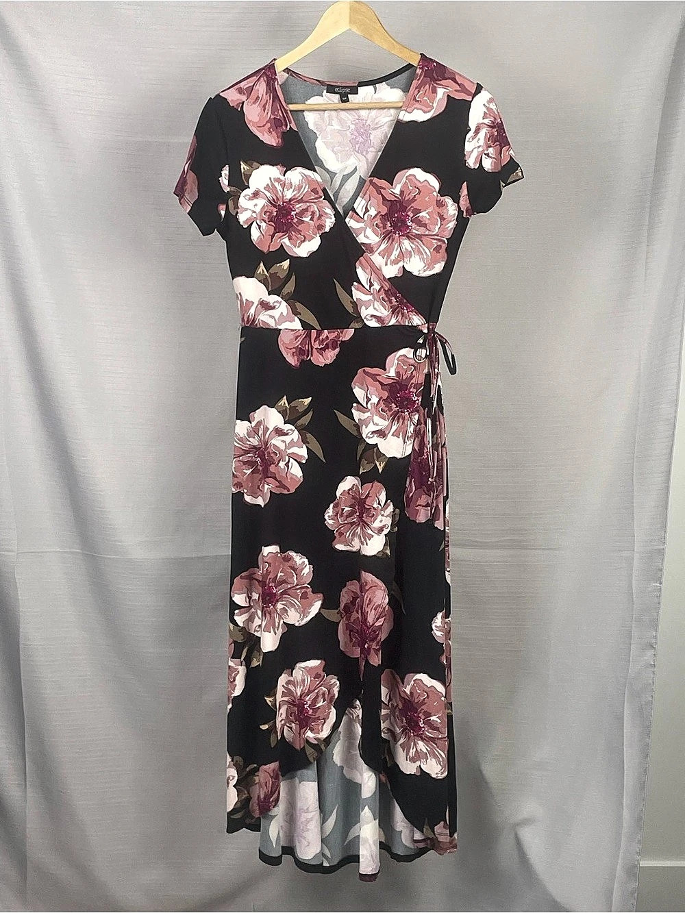 Eclipse Black Floral Wrap Maxi Dress Side Tie Sz S